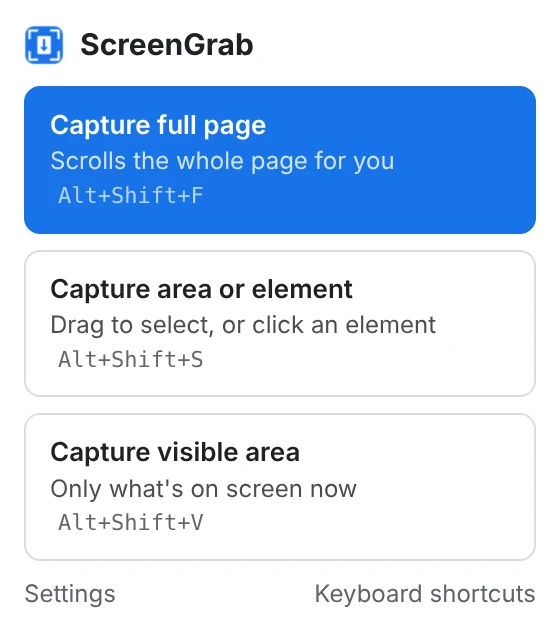 The ScreenGrab menu: capture full page, capture area or element, or capture visible area.